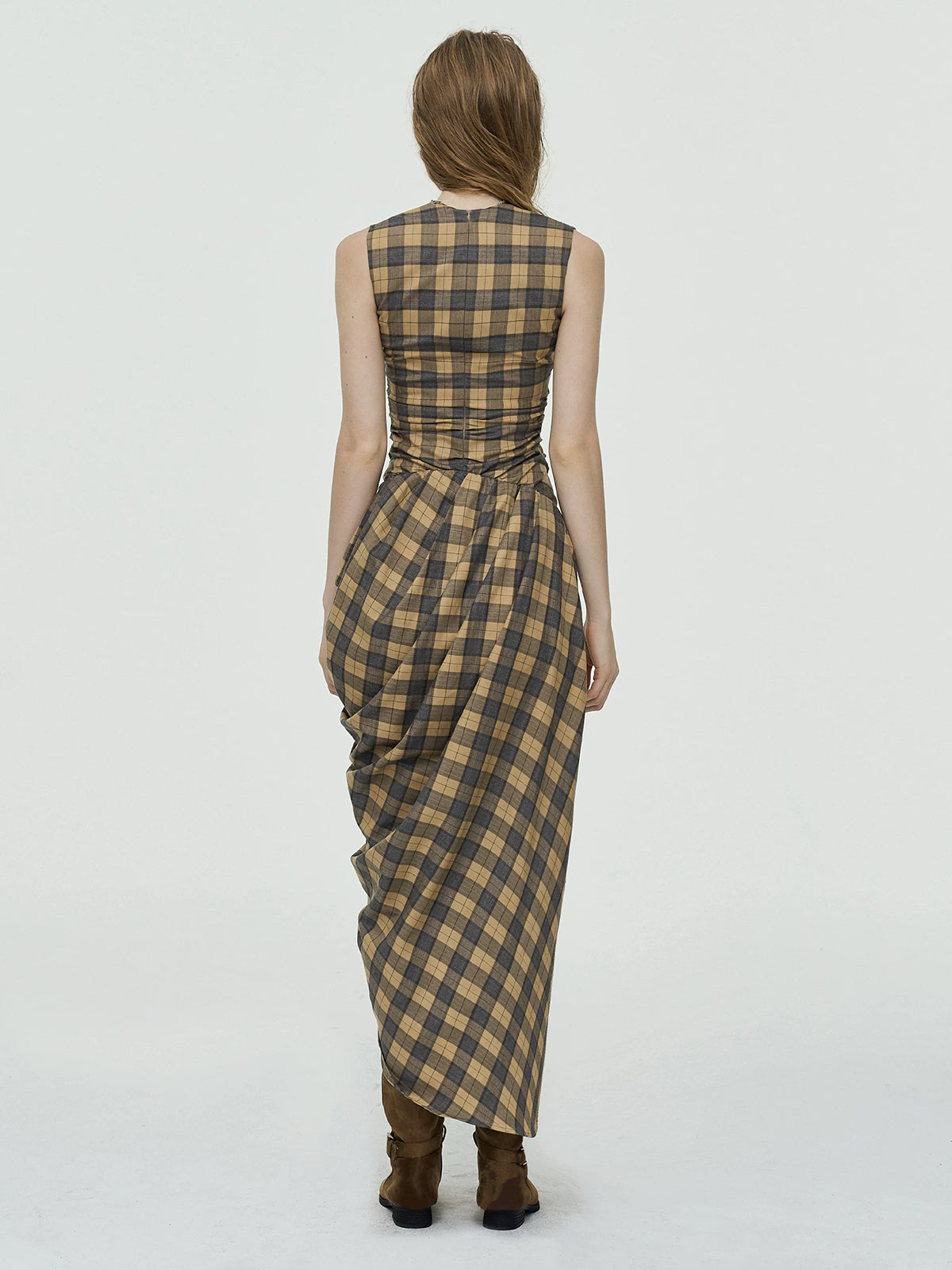 Tangled Check Waist Dress - Caramel Brown