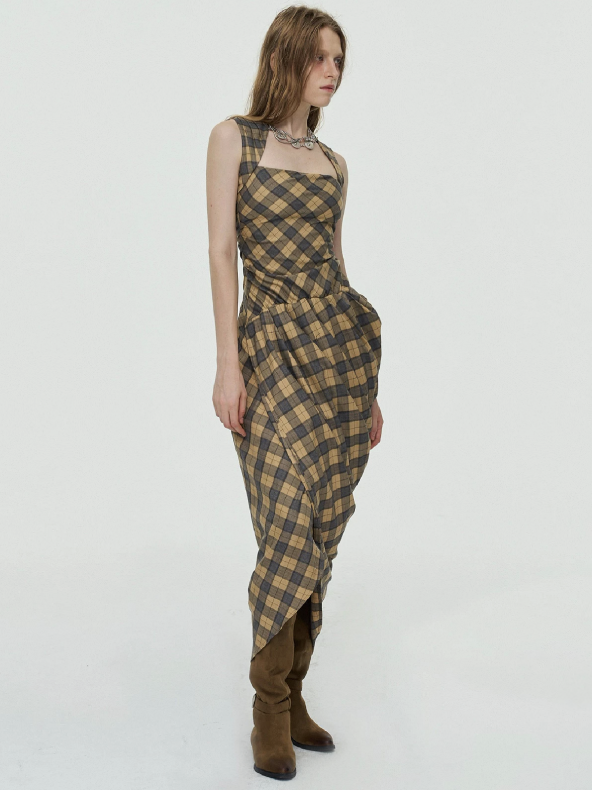Tangled Check Waist Dress - Caramel Brown