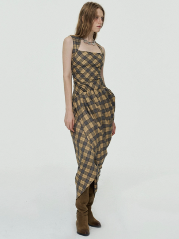 Tangled Check Waist Dress - Caramel Brown
