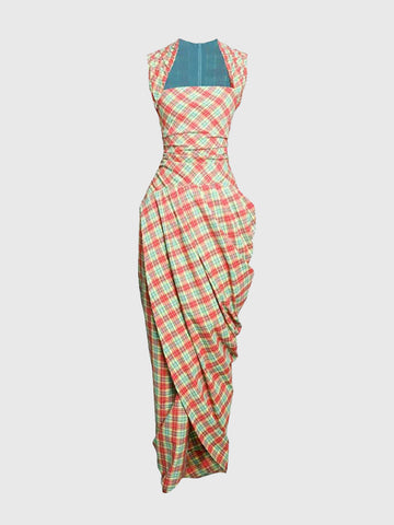 Puzzle Check Waist Dress - Chestnut Brown