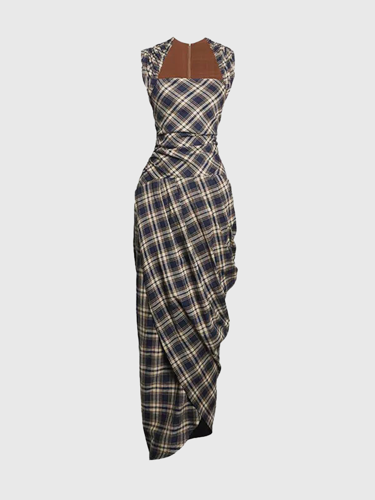 Puzzle Check Waist Dress - Cocoa Brown