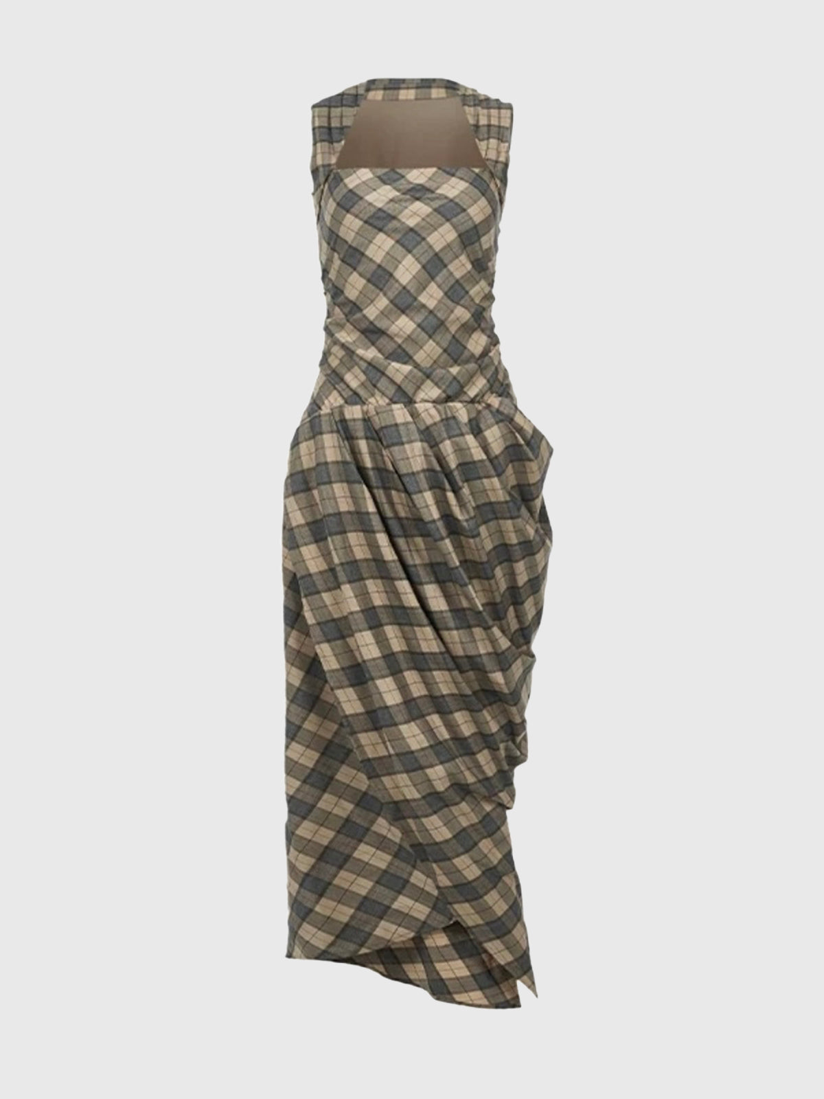 Tangled Check Waist Dress - Caramel Brown
