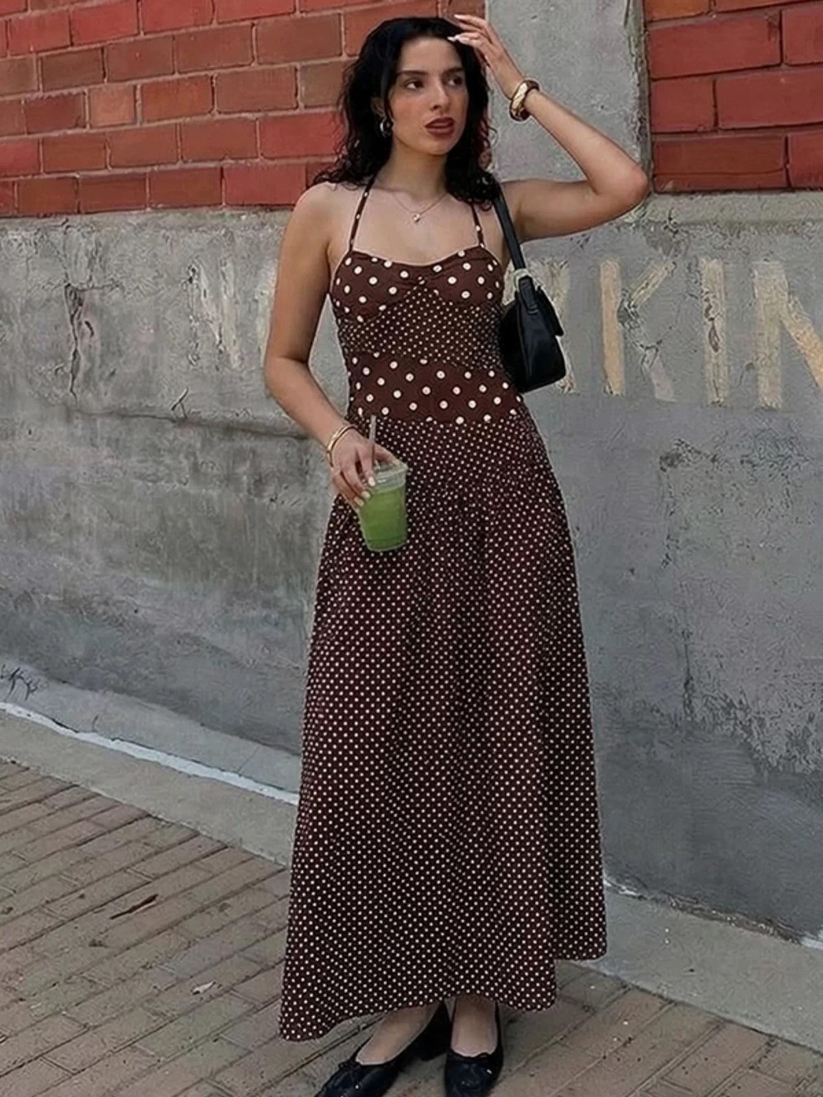 Coffee Dot Waist Dress - Cocoa Brown