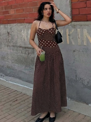 Coffee Dot Waist Dress - Cocoa Brown
