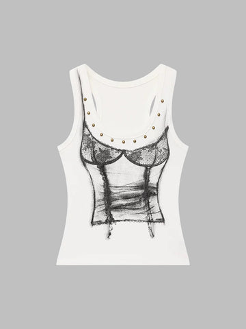 Brick Lane Skimming-fit Corset Graphic Print Tank Top - White