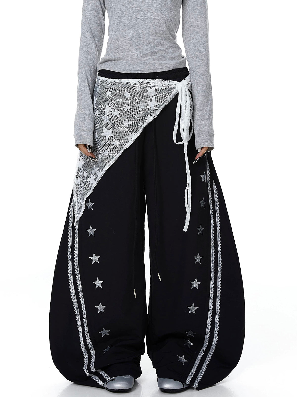 Shadow Lace Patch Barrel Pants - Coal Black