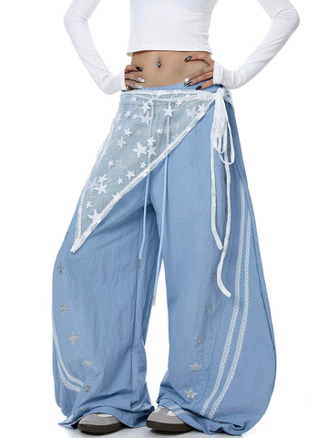 Sky Lace Patch Barrel Pants - Light Blue
