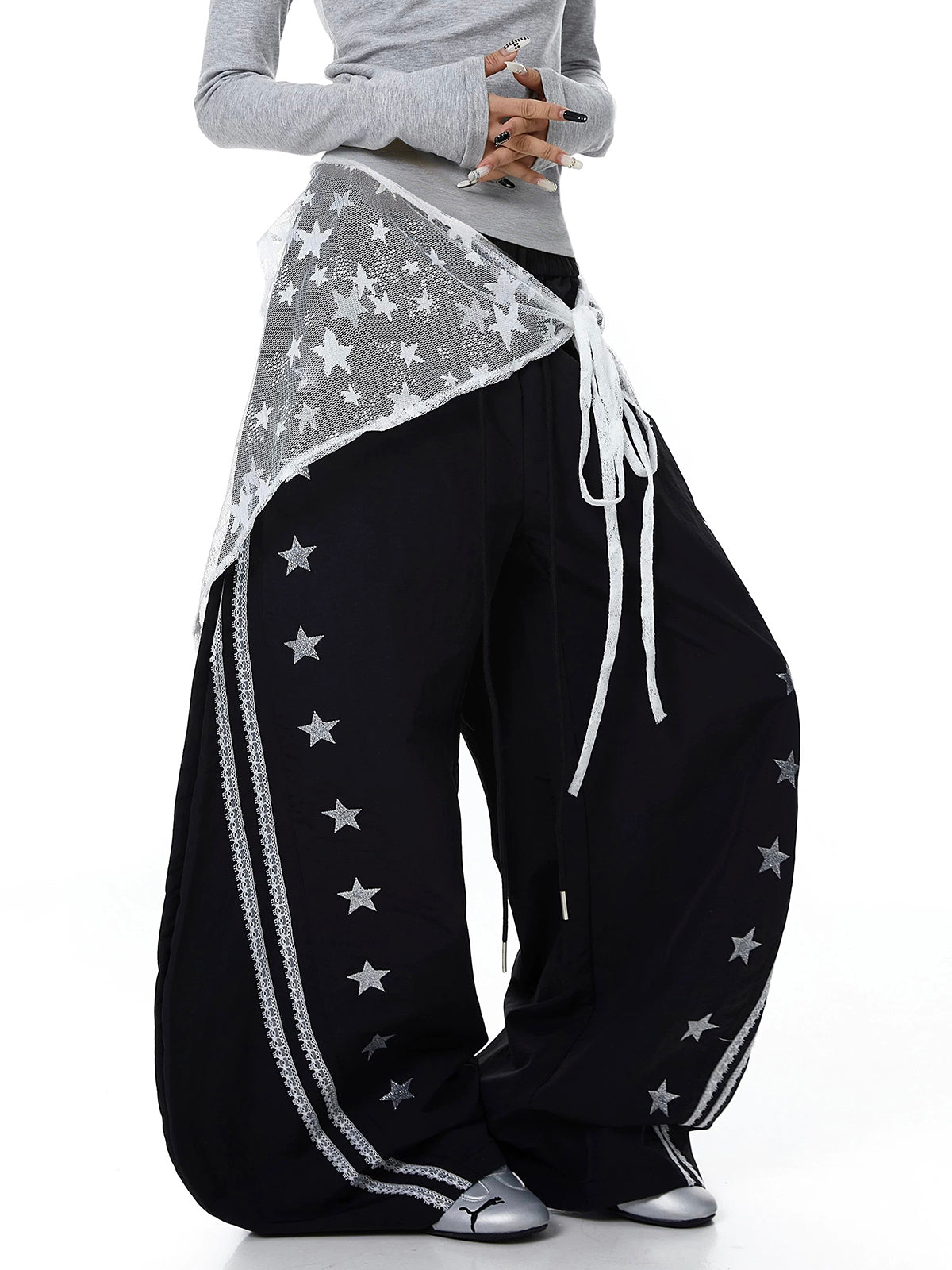 Shadow Lace Patch Barrel Pants - Coal Black