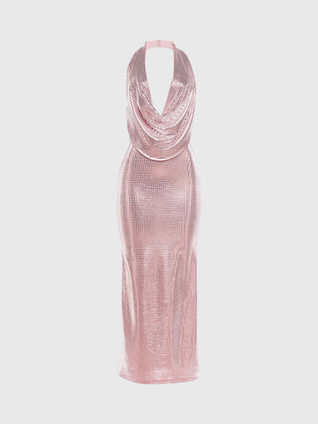 Glitter Pulse Halter Dress - Rose Pink