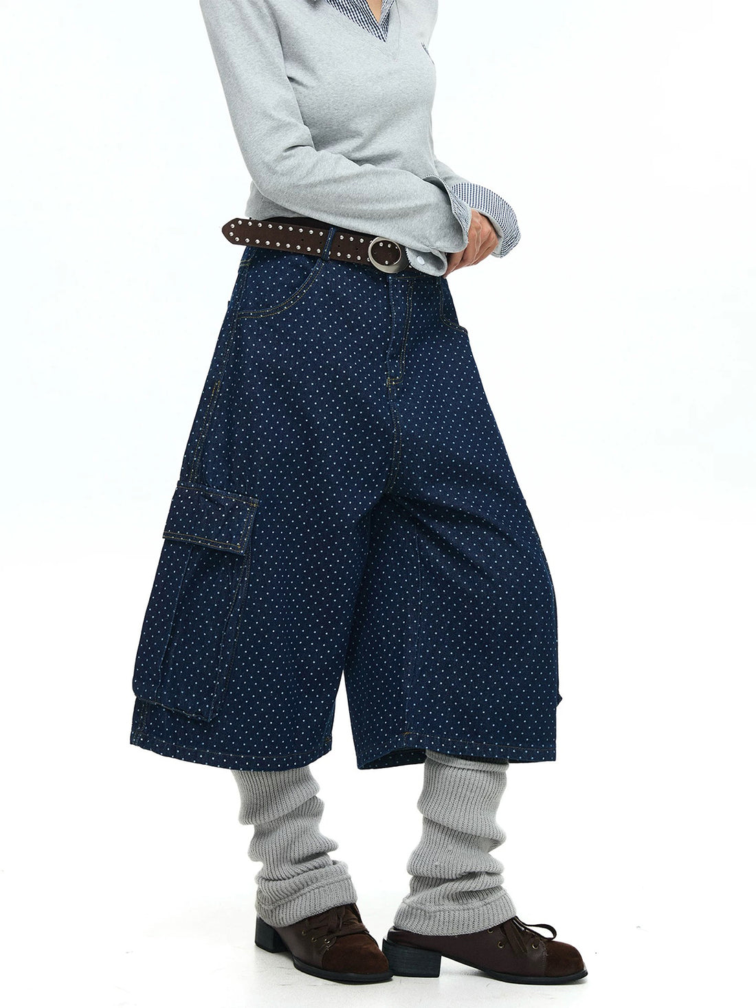 Confetti Dot Barrel Denim Shorts - Indigo Blue