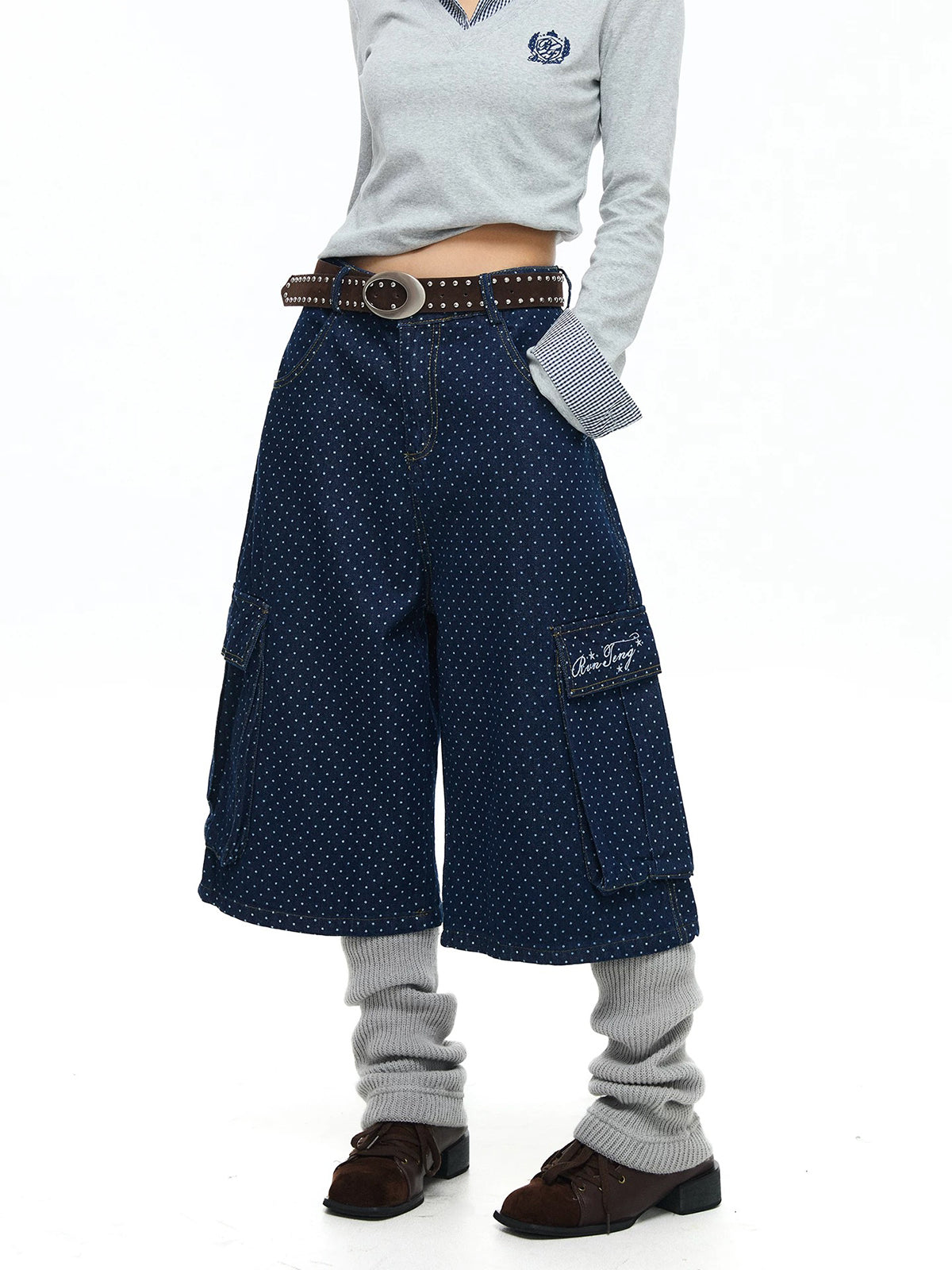 Confetti Dot Barrel Denim Shorts - Indigo Blue