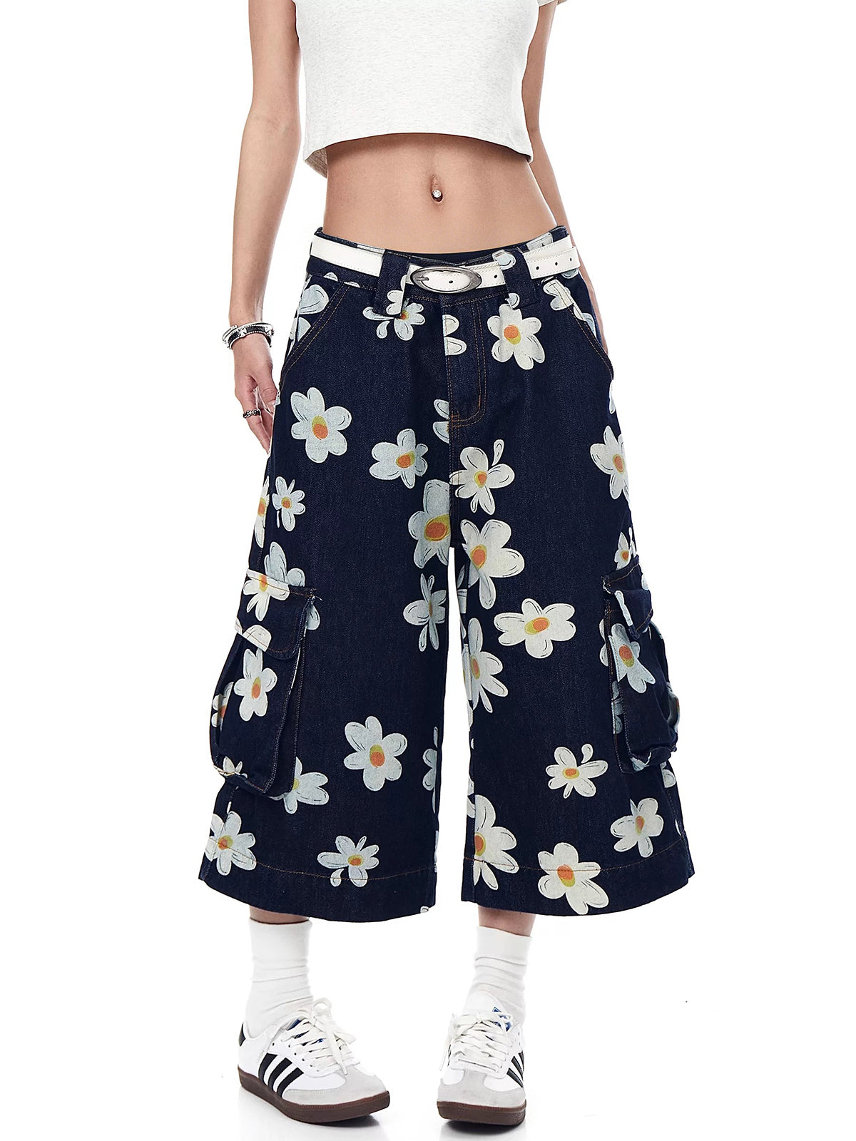 Paint Bloom Barrel Midi Pants - Denim Blue