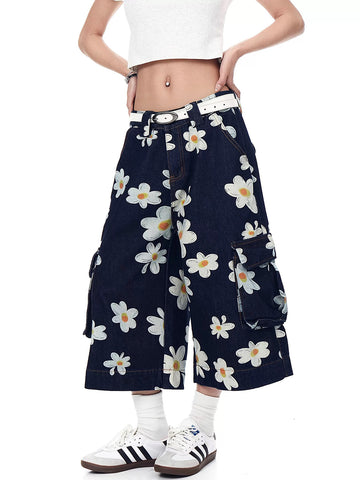 Paint Bloom Barrel Midi Pants - Denim Blue