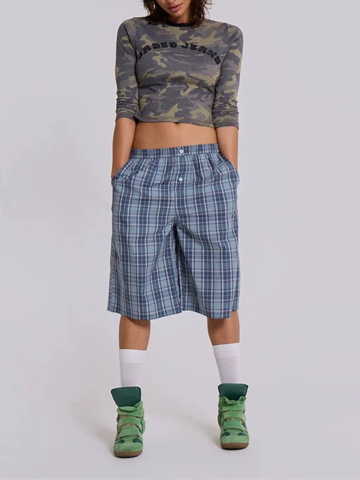 Campus Check Straight Midi Pants - Sky Blue