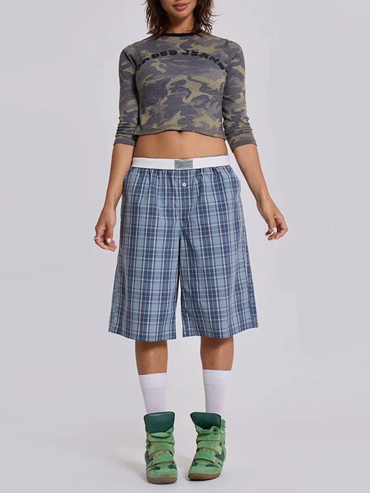 Campus Check Straight Midi Pants - Sky Blue