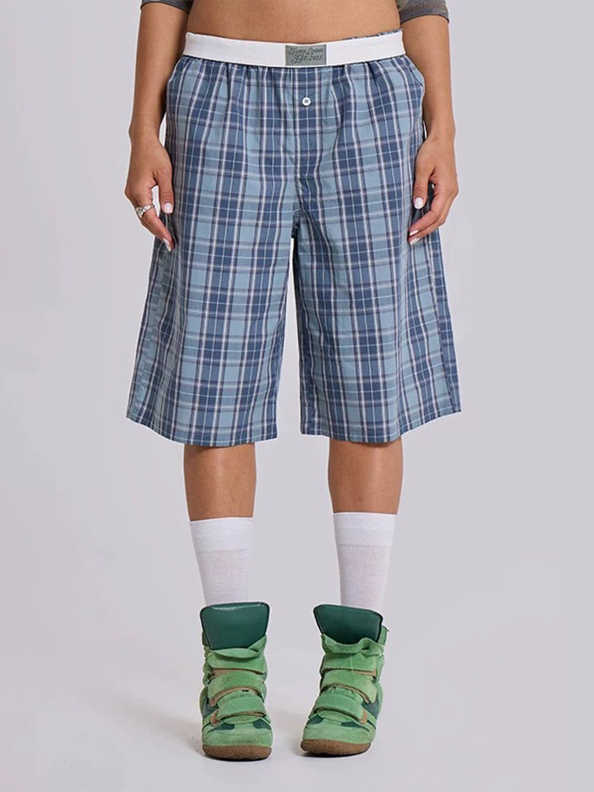 Campus Check Straight Midi Pants - Sky Blue
