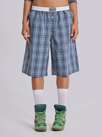 Campus Check Straight Midi Pants - Sky Blue