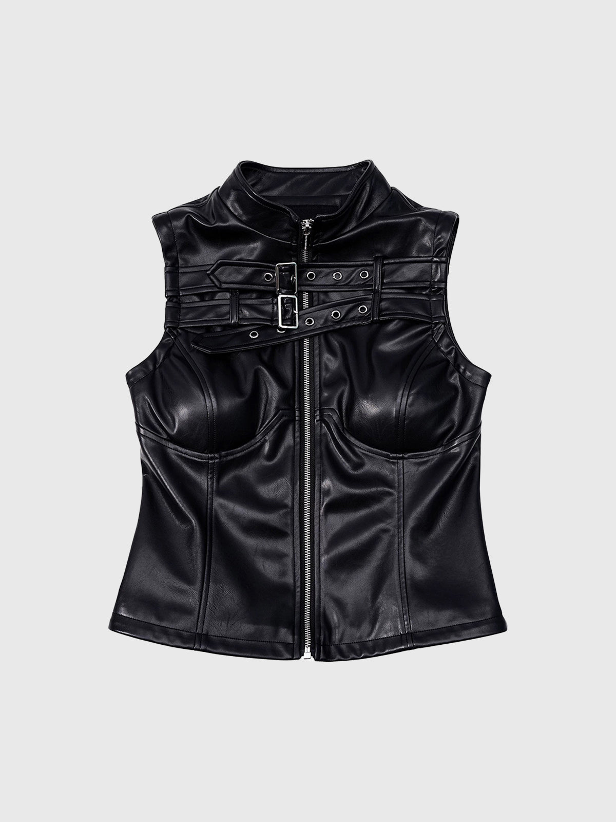 Brick Lane Skimming Faux Leather Zip-up Vest - Black