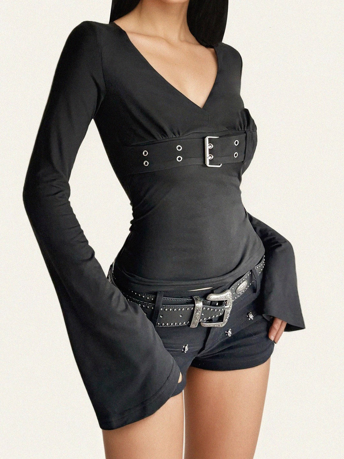 Brick Lane Skimming Bell Sleeve Metal Eyelet Top - Black