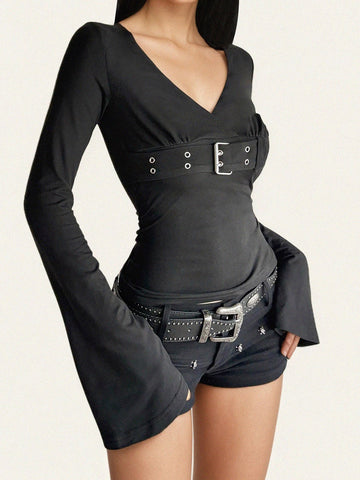 Brick Lane Skimming Bell Sleeve Metal Eyelet Top - Black