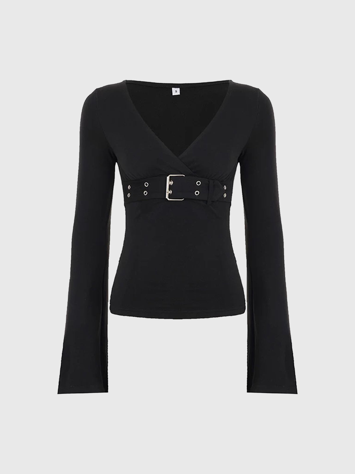 Brick Lane Skimming Bell Sleeve Metal Eyelet Top - Black