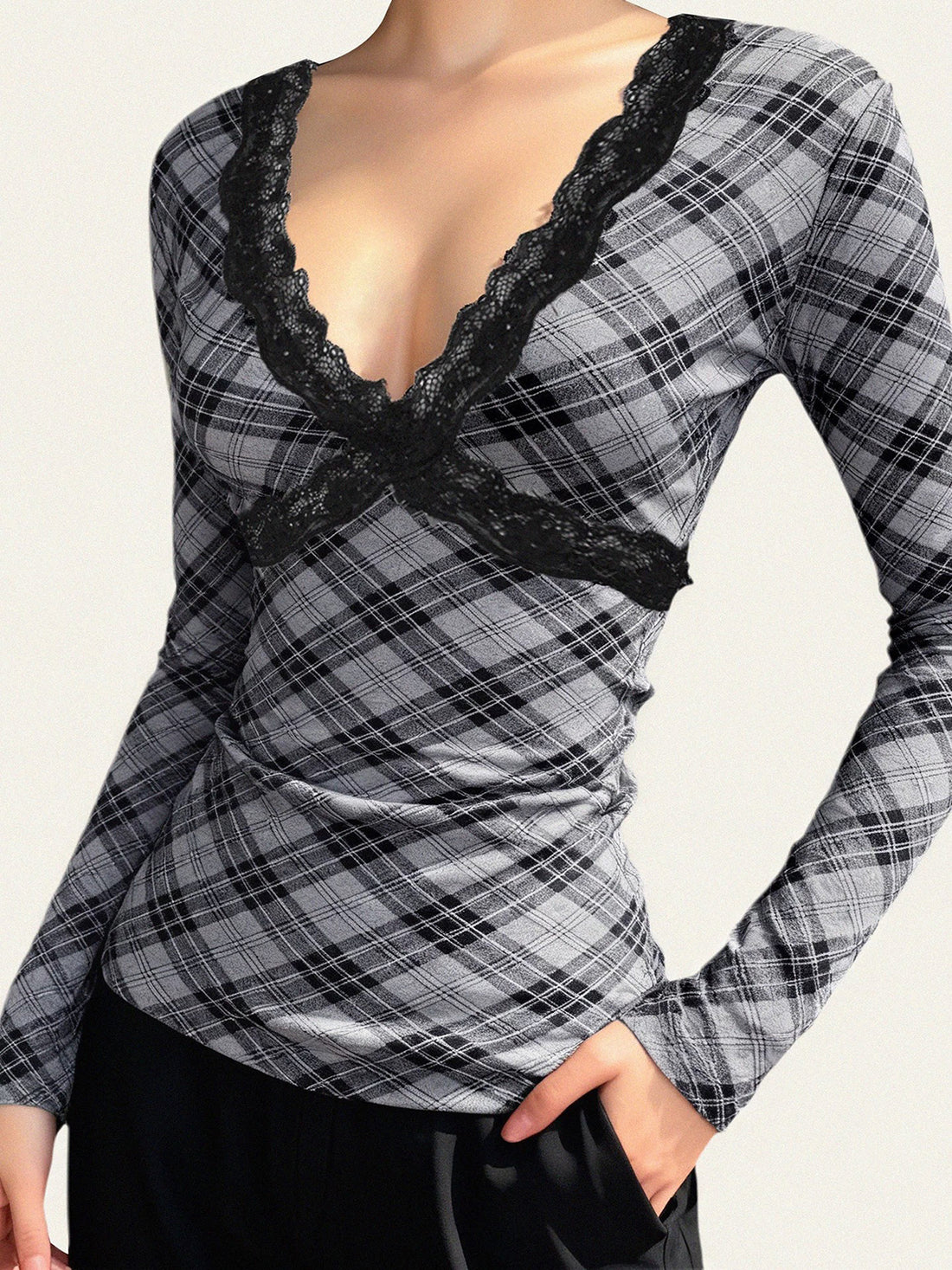 Brick Lane Skimming Lace Trim Plaid Deep V-Neck Top - Black/White