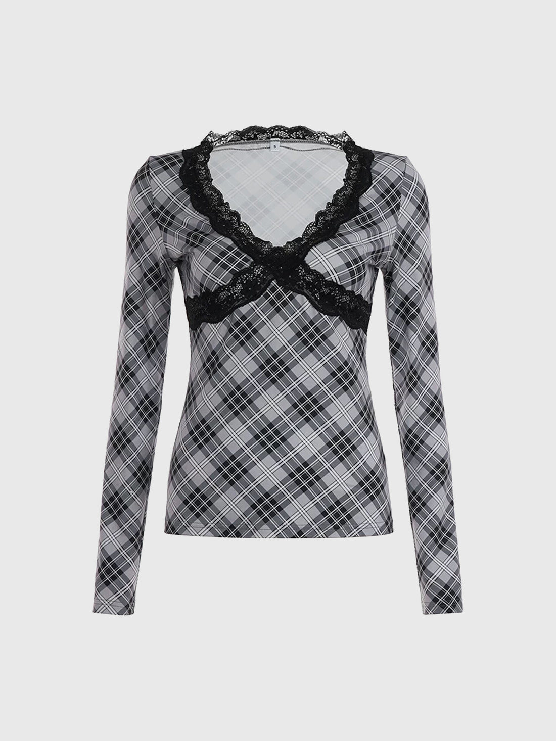 Brick Lane Skimming Lace Trim Plaid Deep V-Neck Top - Black/White