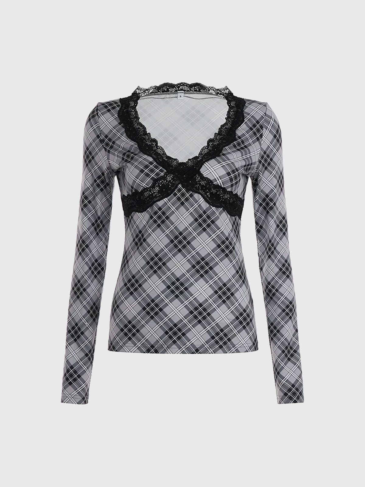 Brick Lane Skimming Lace Trim Plaid Deep V-Neck Top - Black/White