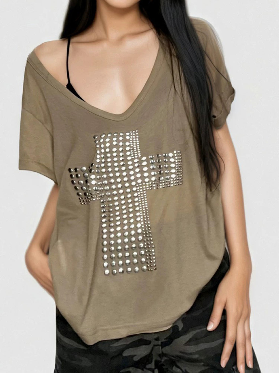Brick Lane Baggy Rhinestone Cross Off-The-Shoulder Tee - Brown