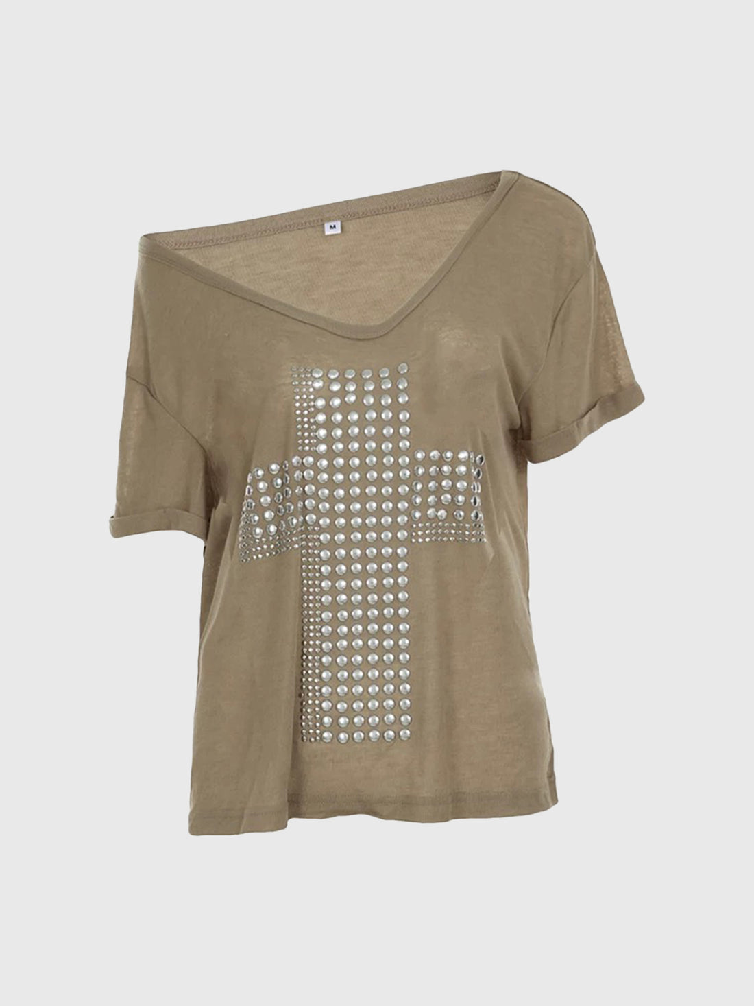 Brick Lane Baggy Rhinestone Cross Off-The-Shoulder Tee - Brown