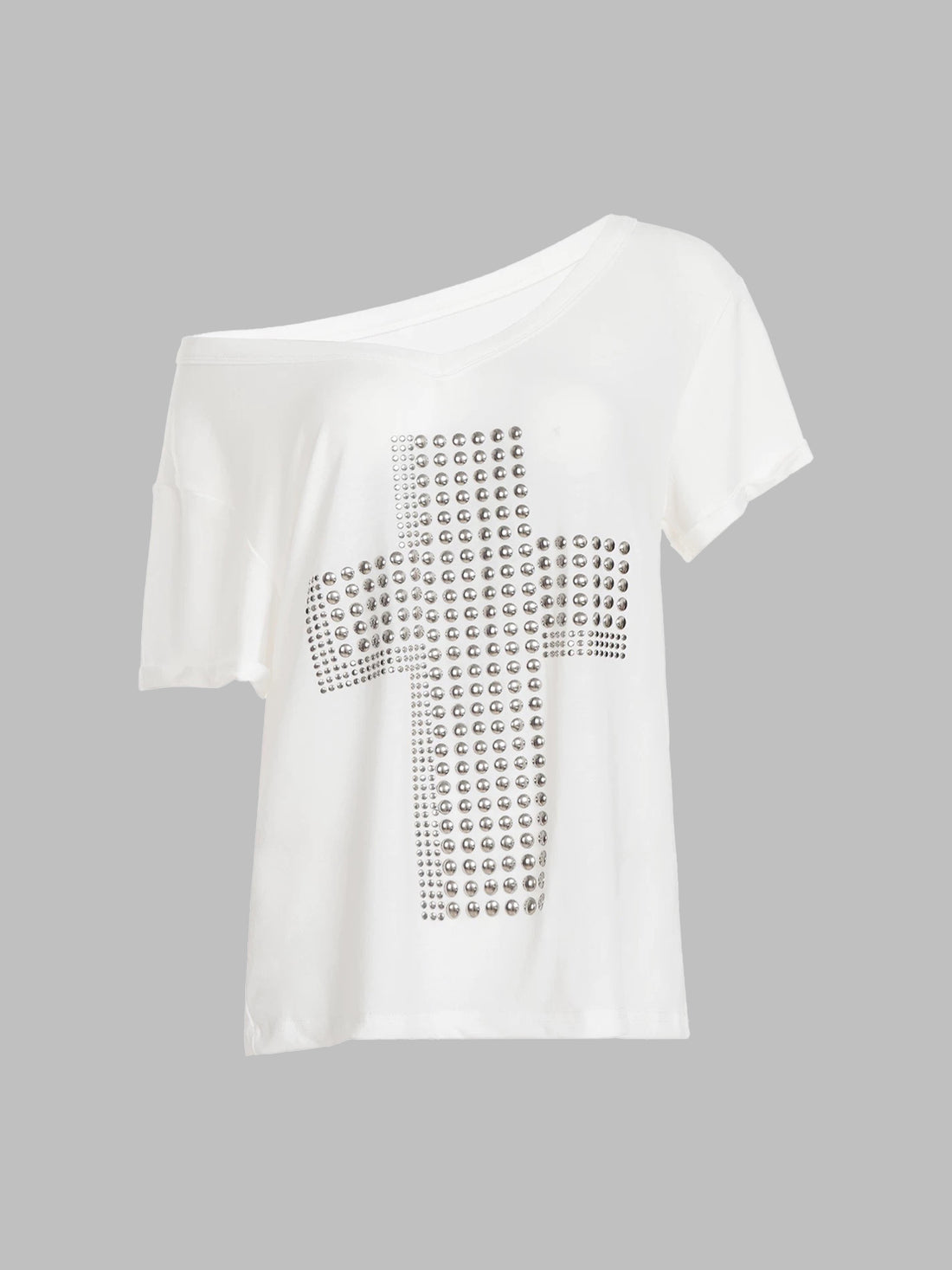 Brick Lane Baggy Rhinestone Cross Off-The-Shoulder Tee - White