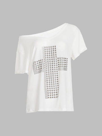 Brick Lane Baggy Rhinestone Cross Off-The-Shoulder Tee - White