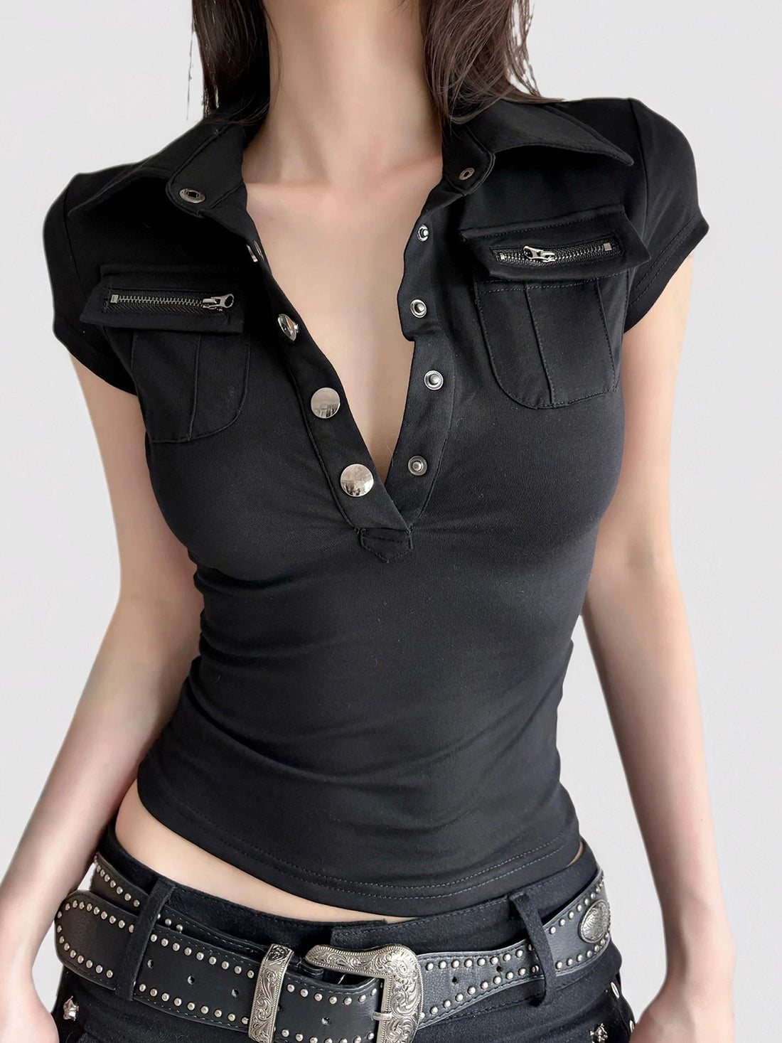 Brick Lane Skimming Half-Zip Buttoned Mock Neck Tee - Black