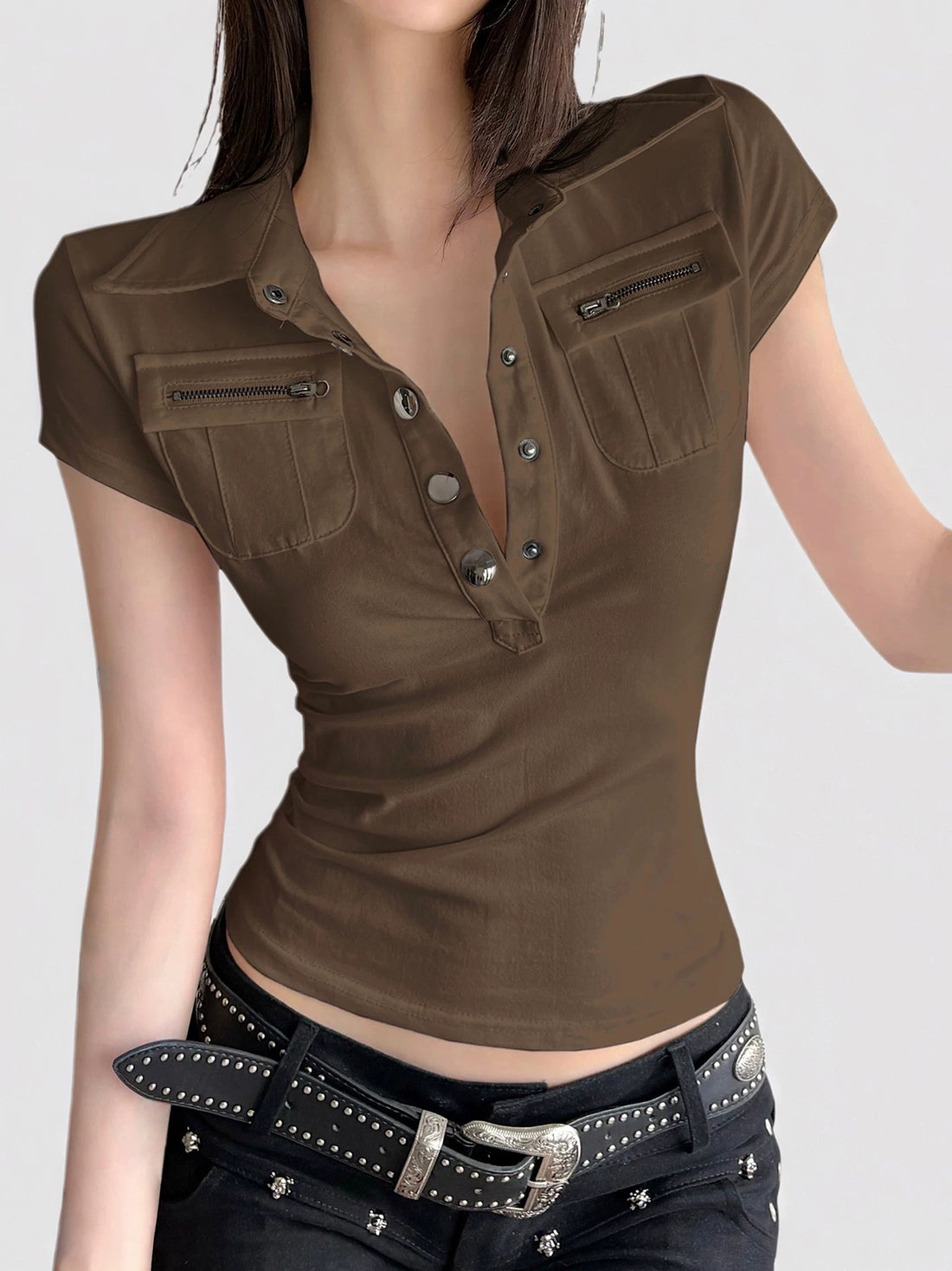 Brick Lane Skimming Half-Zip Buttoned Mock Neck Tee - Brown
