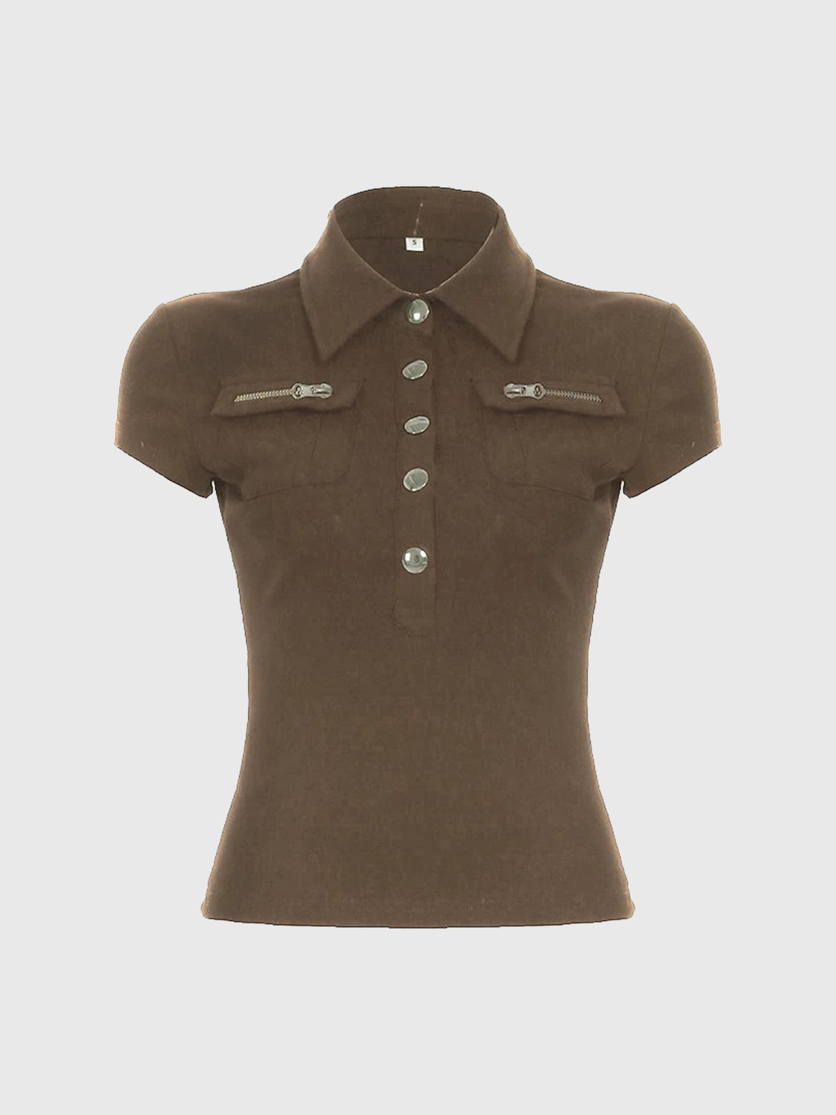 Brick Lane Skimming Half-Zip Buttoned Mock Neck Tee - Brown