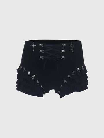 Brick Lane Skimming Lace-Up Metal Eyelet Hot Shorts - Black