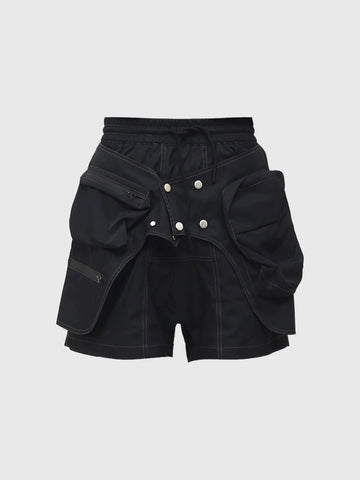 Co-ed Dorm Layered-Look Multi-Pocket Cargo Shorts - Black