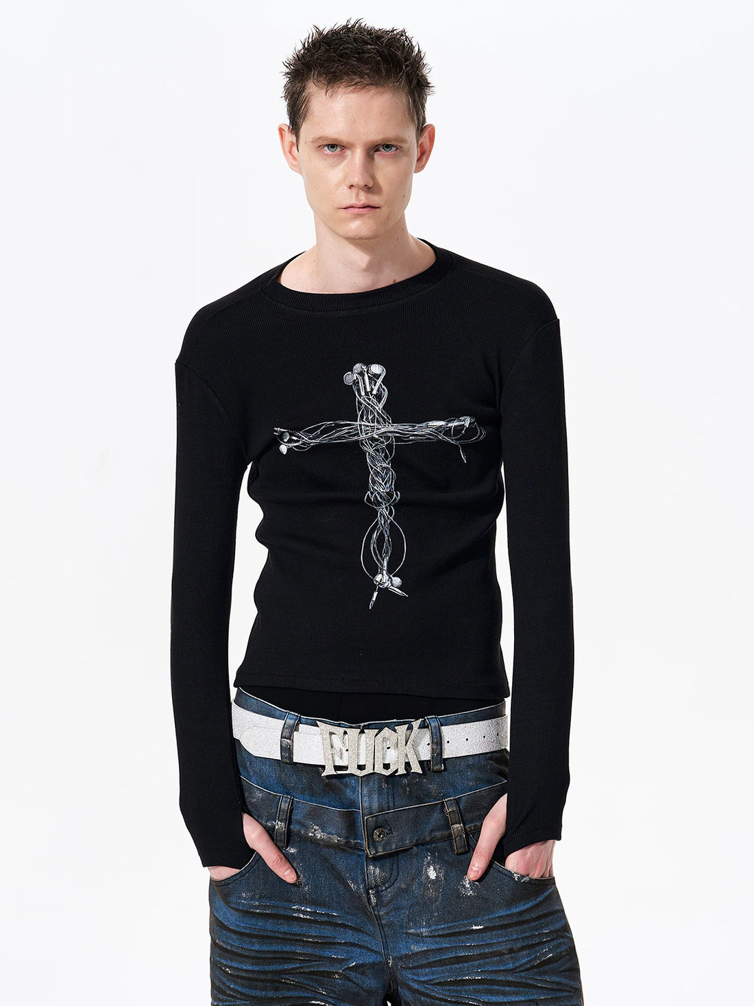 Co-ed Dorm Skimming Gothic Cross Printed Top - Black