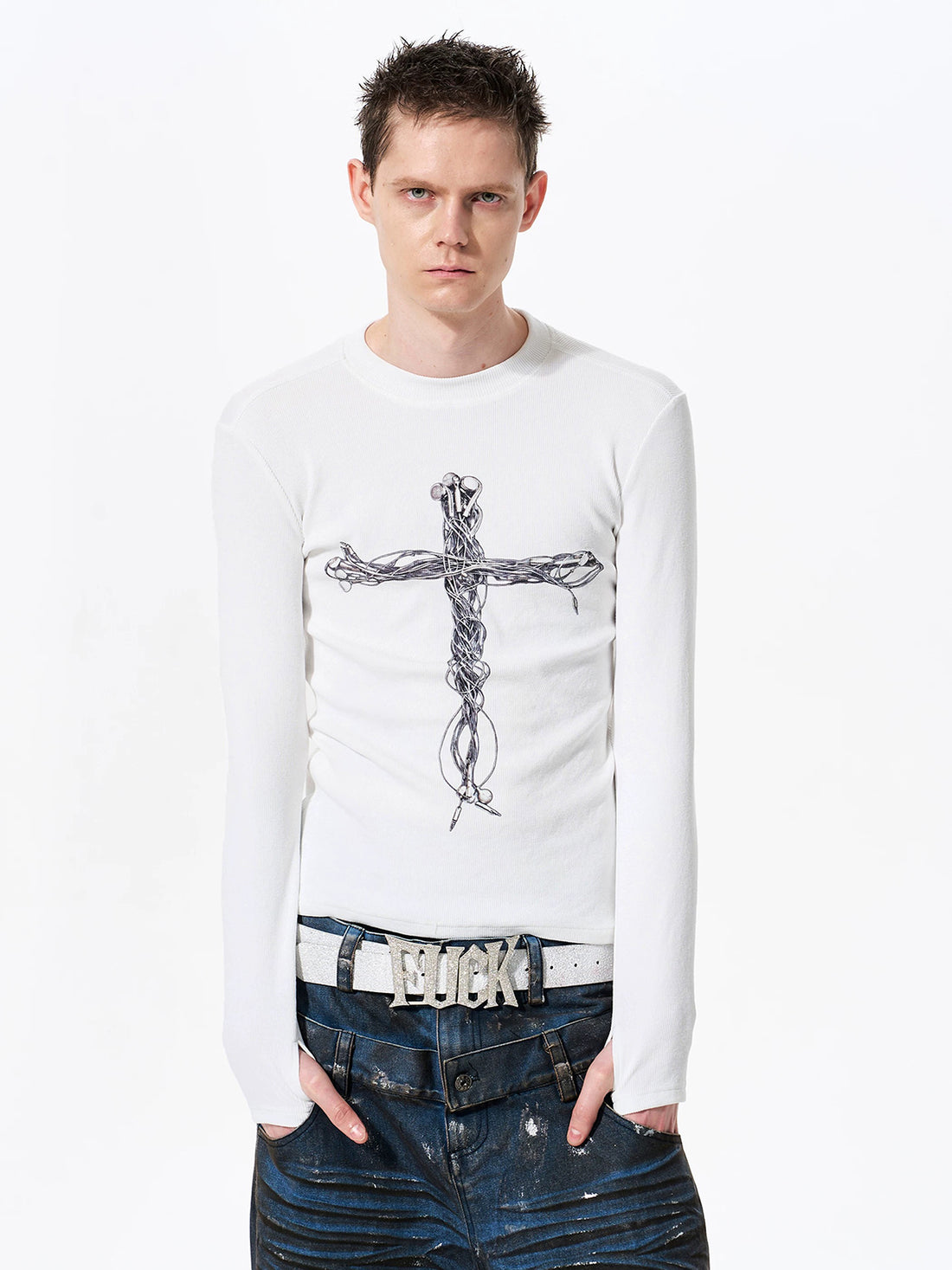 Co-ed Dorm Skimming Gothic Cross Printed Top - White