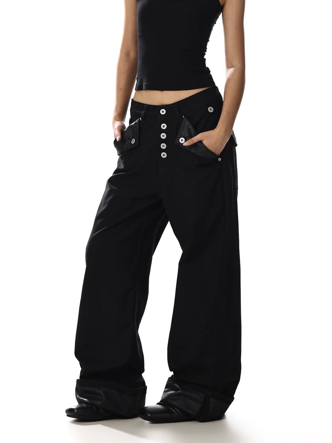 Brick Lane Wide-leg Button Detailed Washed Denim Pants - Black