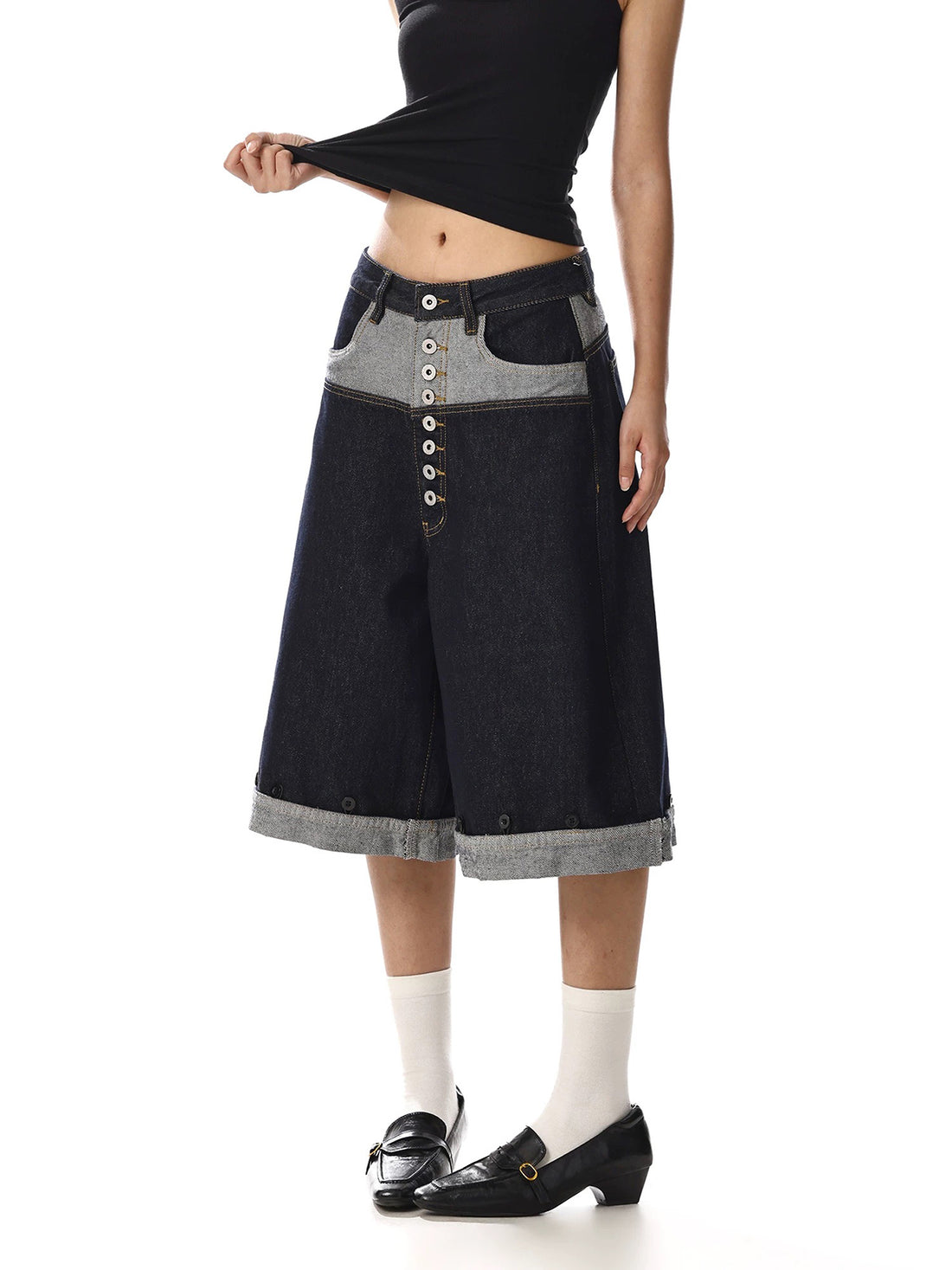 Brick Lane Wide-leg Contrast Color Plaid Patchwork Jorts - Blue