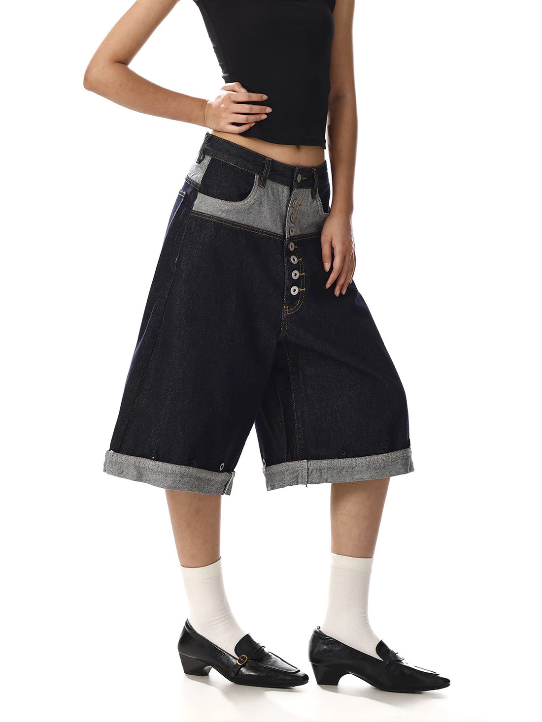 Brick Lane Wide-leg Contrast Color Plaid Patchwork Jorts - Blue