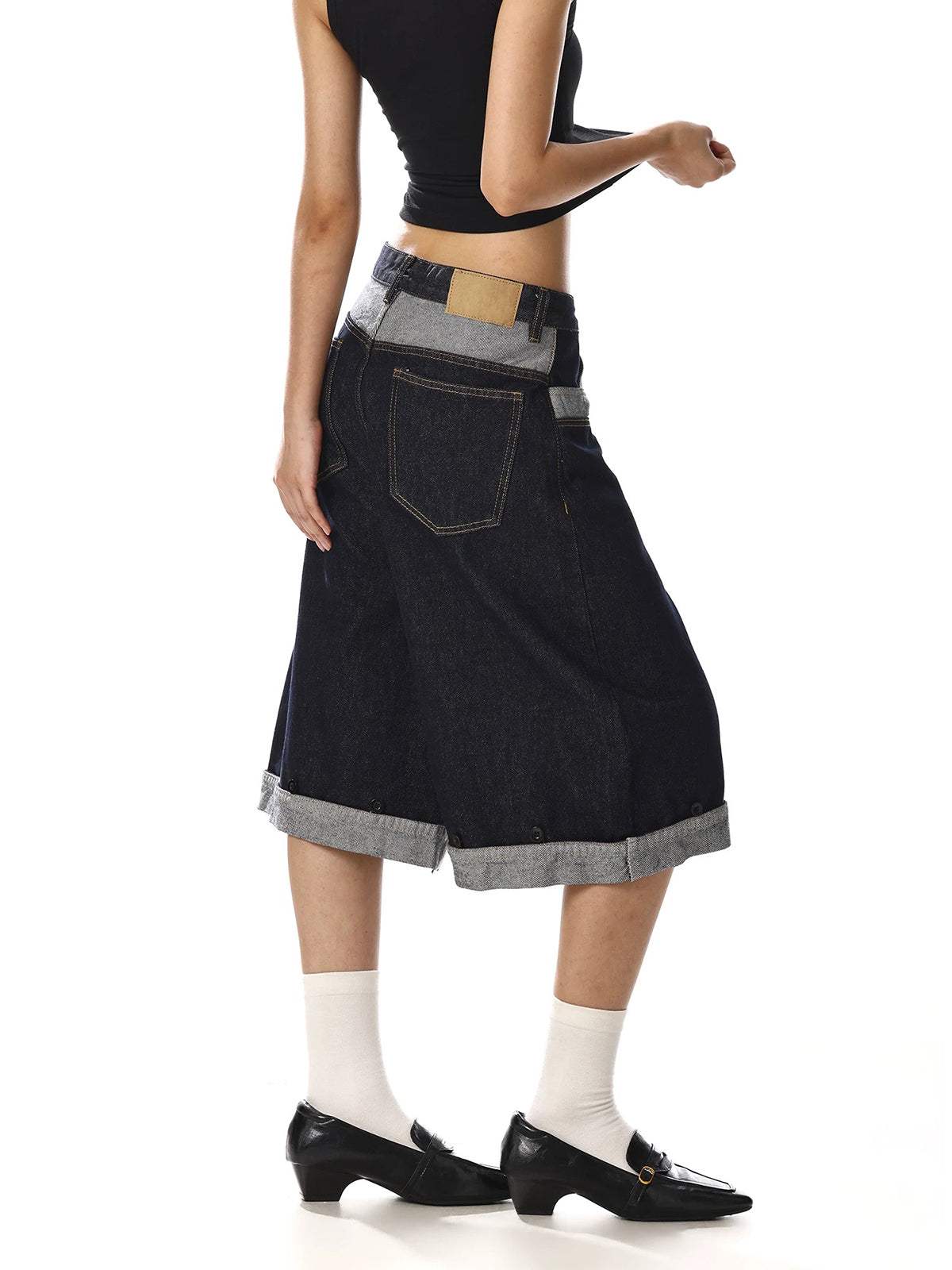 Brick Lane Wide-leg Contrast Color Plaid Patchwork Jorts - Blue