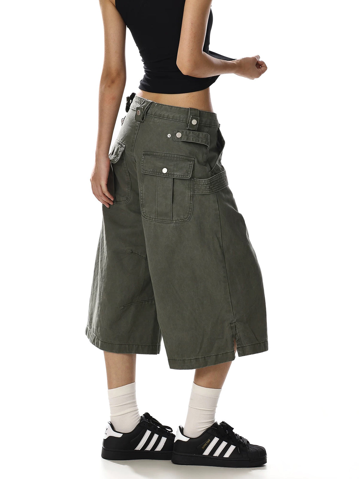 Brick Lane Wide-leg Button Detailed Cargo Jorts - Green
