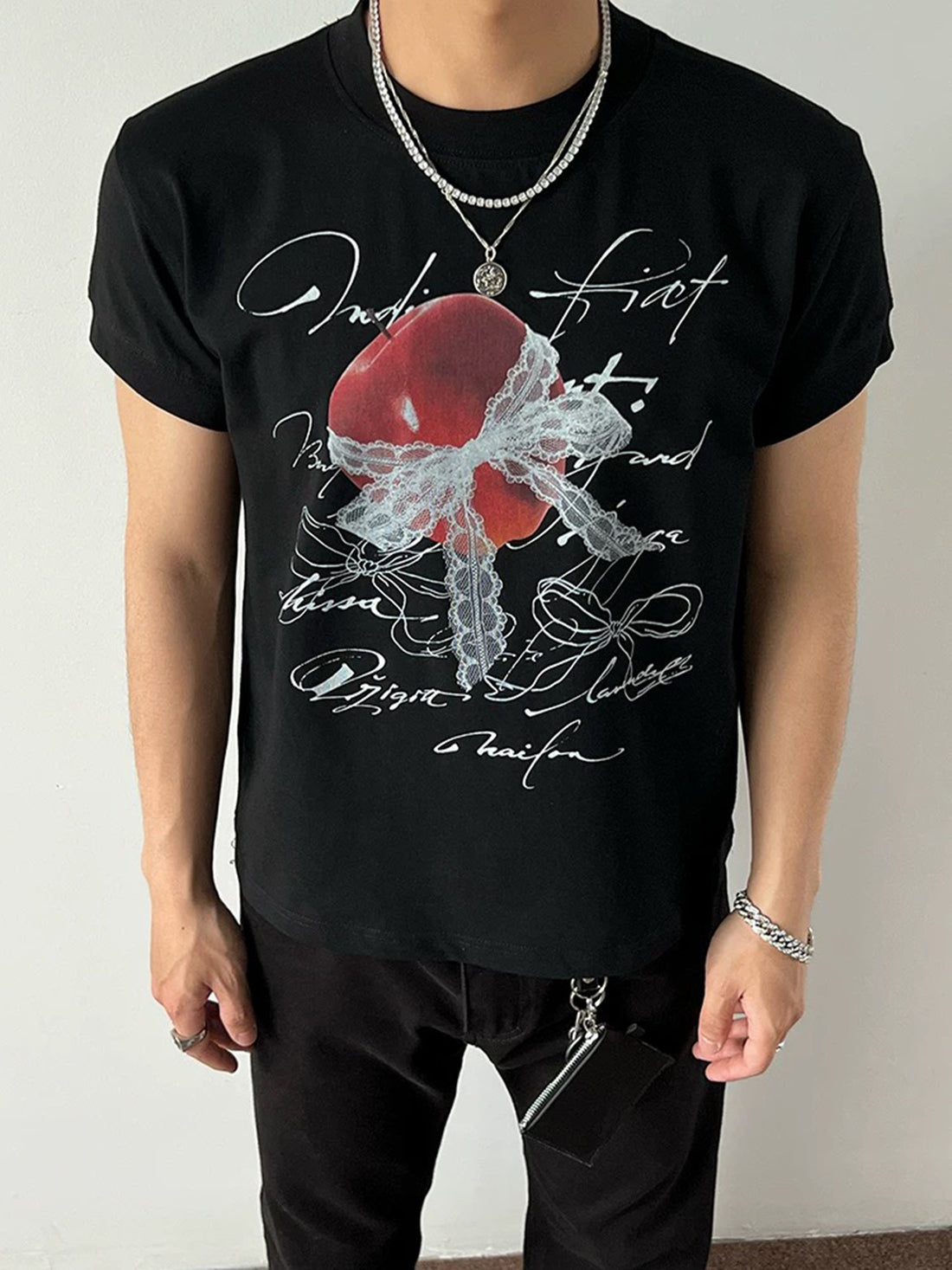 Co-ed Dorm Baggy Lace Apple Splatter Graphic Tee - Black