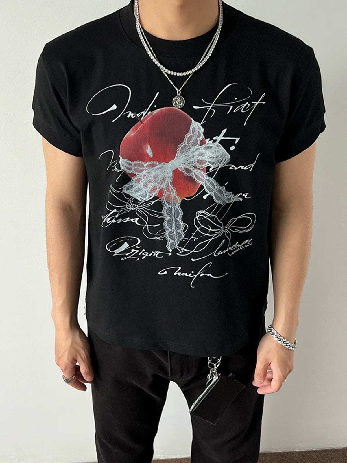 Co-ed Dorm Baggy Lace Apple Splatter Graphic Tee - Black