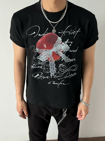 Co-ed Dorm Baggy Lace Apple Splatter Graphic Tee - Black