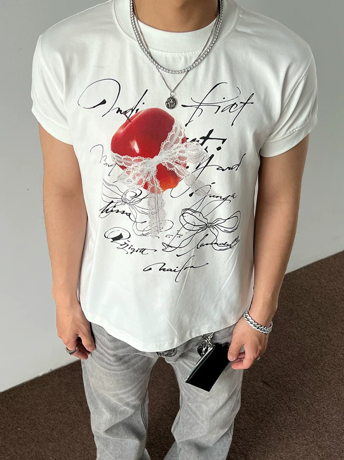 Co-ed Dorm Baggy Lace Apple Splatter Graphic Tee - White