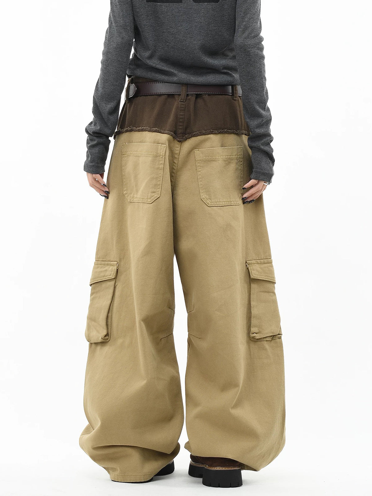 Co-ed Dorm Curved Cut Contrast Color Cargo Pants - Brown