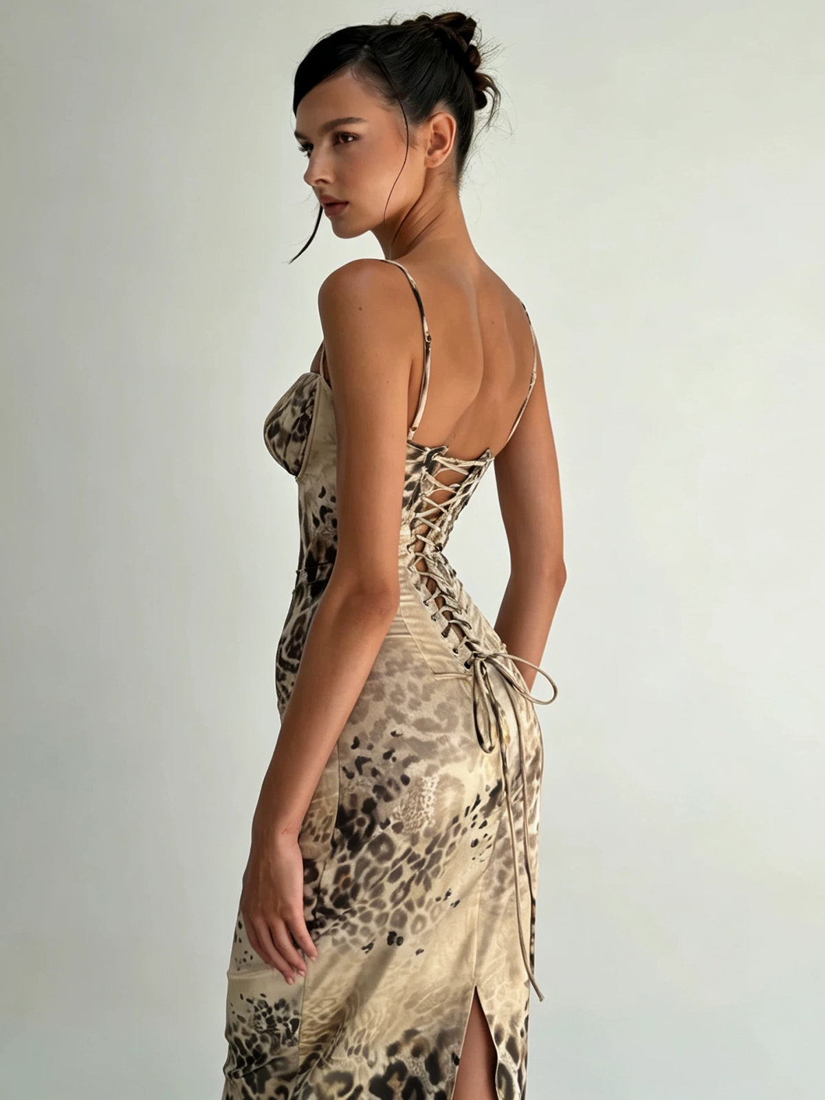 Brick Lane Skimming Leopard Backless Cami Dress - Brown